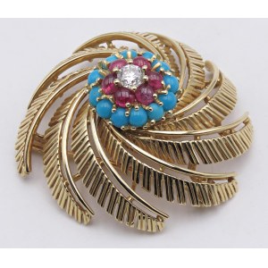 Bijoux - Broche en or jaune 750/°°° avec des turquoises taillées en...