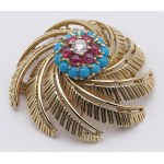 Jewelry - 750/°°° yellow gold brooch with turquoise stones cut...