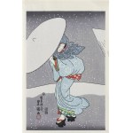 Utagawa Kunisada (Toyokuni III), Japanese woodblock print, the second in the triptych “Heavy Snow at Year’s End” (Yuki no bosetsu)