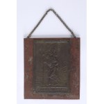 [SAINT CHRISTOPHER] A metal plaque depicting St. Christopher carrying the Infant Jesus across a river, mounted on a steel plate. [Early 20th century].