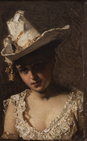 Pantaleon Szyndler (1846 Lipie k. Wielunia - 1905 Warszawa), Portret damy w białym kapeluszu