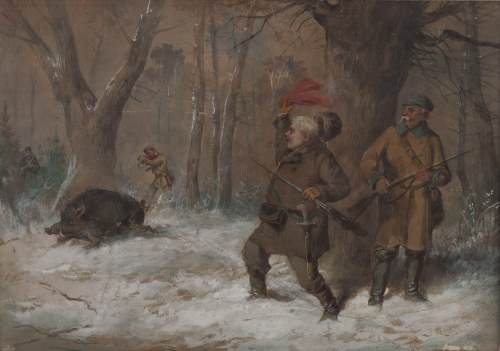 Franciszek Kostrzewski (1826 Warszawa - 1911 Warszawa), Scena z zimowego polowania, 1883