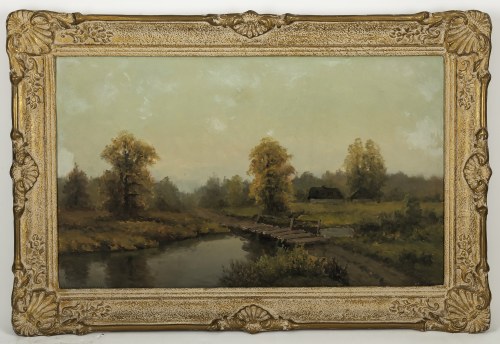 Wiktor Korecki (1890 Kamieniec Podolski - 1980 Milanówek), Pejzaż z rzeką i mostkiem