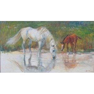 Zenon Aniszewski (geb. 1948 in Grudziądz), Stute mit Fohlen am Teich, 2009