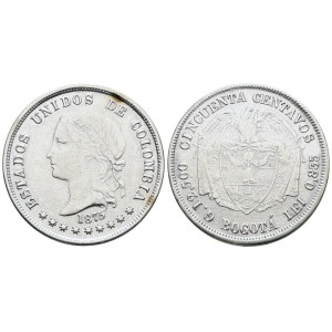 KOLUMBIE. 50 centavos, 1875. Stříbro; 12,5 g; KM 177; BB