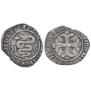MILANO. Galeazzo Maria Sforza e Bianca Maria Visconti (1466-1468). Sesino. Mi (0,99 g; 18 mm). Biscia tra B G. R/ Croce gigliata accantonata da quattro globetti. Crippa 3; MIR 196. Non comune. BB