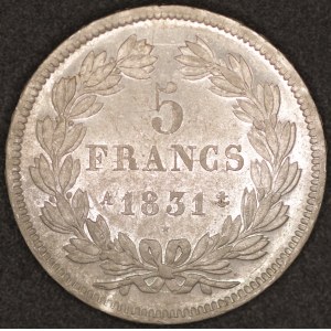 Francúzsko. 1831, 5 frankov – Ľudovít Filip I. – kotva – striebro