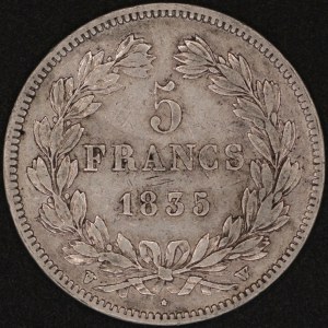 France. 1835 W Lille 5 Francs - Louis Philippe I - Silver