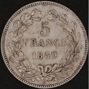 Francia. 1839 BB Strasburgo 5 franchi - Luigi Filippo I - Argento