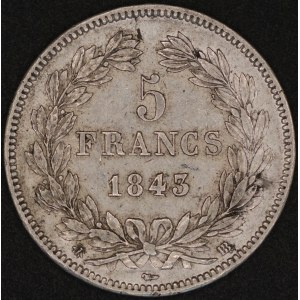 France. 1843 BB Strasbourg 5 Francs - Louis Philippe I - Silver