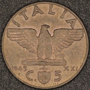 Italy. 1943 5 Centesimi - Vittorio Emanuele III - Rare Year