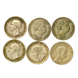 Italy, set of 1–5 lire, 1886–1930. 6 pieces total. (220)