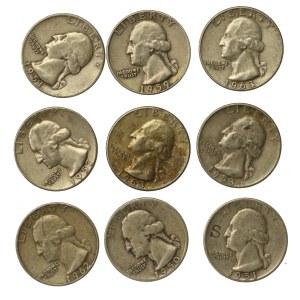 États-Unis, série de pièces de 1/4 de dollar de 1950 à 1963. 9 pièces au total (291)