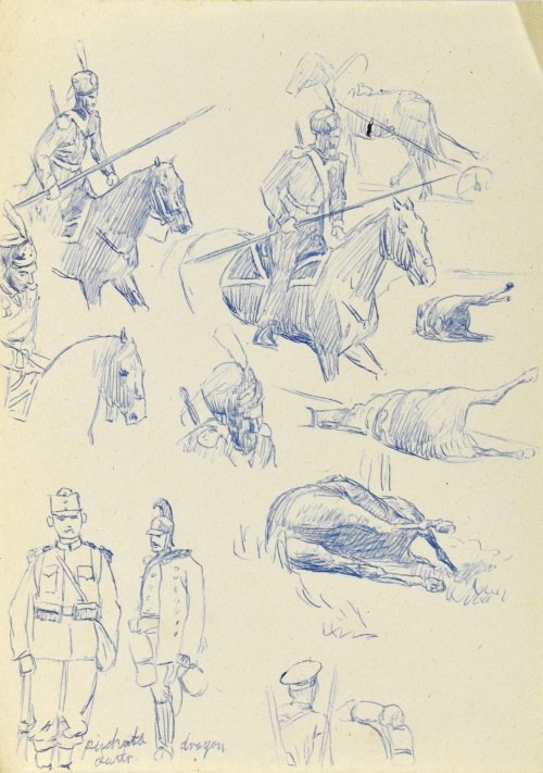 Ludwik MACIĄG (1920-2007), Szkice umundurowania piechoty i dragonów oraz rannych koni