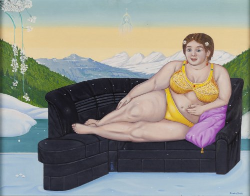 Erwin Sówka (1936 Giszowiec - 2021 ), Kobieta na czarnej sofie, 1995