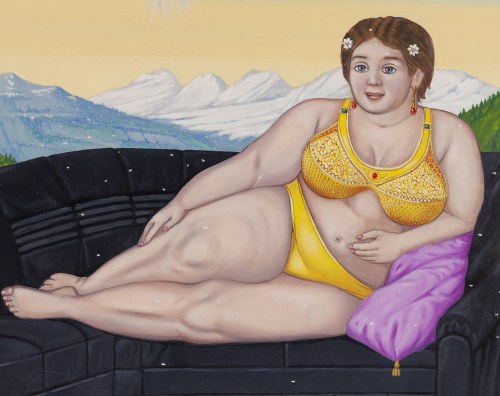 Erwin Sówka (1936 Giszowiec - 2021 ), Kobieta na czarnej sofie, 1995
