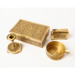Large smoking set—cigar case, candlestick, lighter, and ashtray, Erhard & Sons, Germany.