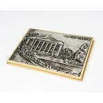 A notebook featuring an image of the Poznań Opera House, with a cover made using the metalwork technique.