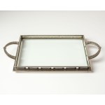An Art Deco-style tray with a metal frame, beautifully decorated, and a glass bottom.