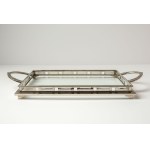 An Art Deco-style tray with a metal frame, beautifully decorated, and a glass bottom.