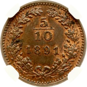 Austria 5/10 Kreuzer 1891 NGC MS 64 RB