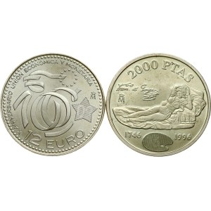 Španielsko 2000 pesiet 1996 M a 12 eur 2009 M, sada 2 mincí