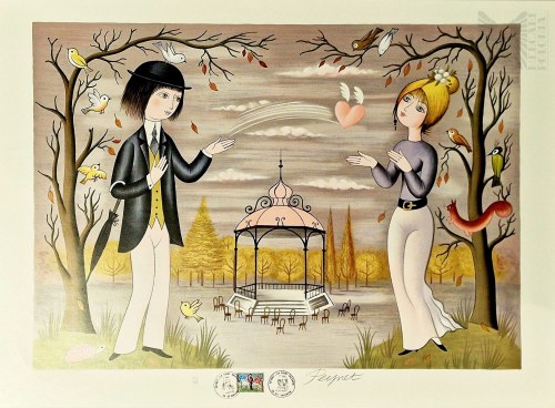 Peynet Raymond (1908-1999),, „La balle de l'amour’’ (Złap Piłkę Miłości) z cyklu „Les Amoureux” (Zakochani) 1985