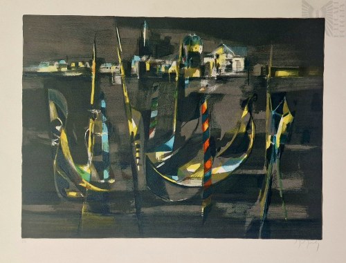 Marcel MOULY (1918-2008), Wenecja - gondole przed kościołem Św.Jerzego nocą,1980