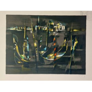 Marcel MOULY (1918-2008), Venezia - gondole davanti alla chiesa di San Giorgio di notte, 1980