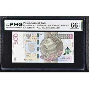 500 zlotých 2017, série AL 1765671, PMG 66 EPQ, RADAR