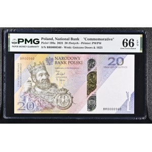 20 zlotys 2025, série BR 0000560, 1 000e anniversaire du couronnement de Boleslas le Vaillant, PMG 66 EPQ, NUMÉRO DE SÉRIE BAS