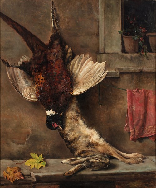Oreste Costa (1851-1901), Scena łowiecka z bażantem i zającem, 2 poł. XIX w.