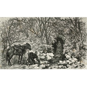 Juliusz KOSSAK (1824-1899), Kozak czerpiący ze zdroju u stóp kapliczki Św. Onufrego