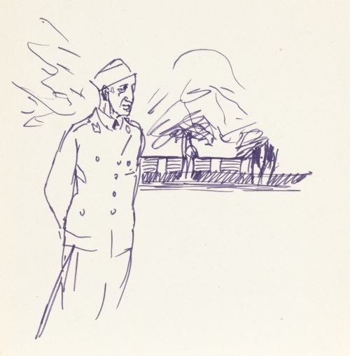 Ludwik MACIĄG (1920-2007), Oficer w furażerce na tle budynku