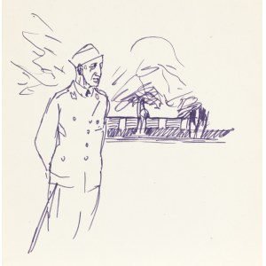 Ludwik MACIĄG (1920–2007), An officer in a field cap against the backdrop of a building