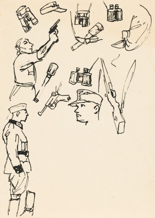 Ludwik MACIĄG (1920-2007), Szkice z wojny: szkic żołnierza niemieckiego oraz broni, czapki i lornetki