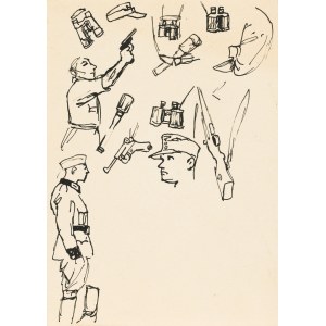 Ludwik MACIĄG (1920-2007), Szkice z wojny: szkic żołnierza niemieckiego oraz broni, czapki i lornetki