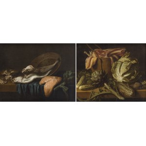 Pieter van Boucle (1610, Anvers - 1673, Paris), Paire de tableaux : « Nature morte à l'artichaut, au chou et à la viande » et « Nature morte au poisson et au foie »