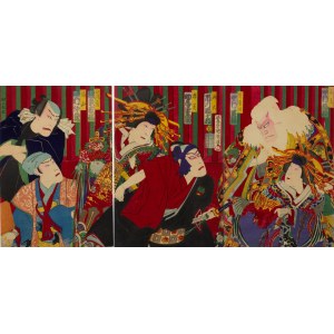 Japan, Tokyo, Meiji era, circa 1884. Toyohara Kunichika (1835–1900), Kabuki actors in the play “Sukeroku yukari no Edozakura” (“Sukeroku—The Cherry Blossoms of Edo”), circa 1884, colorful Japanese woodblock print JAPAN - MEIJI - KABUKI - ACTORS - KURT