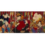 Japan, Tokyo, Meiji era, circa 1884. Toyohara Kunichika (1835–1900), Kabuki actors in the play “Sukeroku yukari no Edozakura” (“Sukeroku—The Cherry Blossoms of Edo”), circa 1884, colorful Japanese woodblock print JAPAN - MEIJI - KABUKI - ACTORS - KURT
