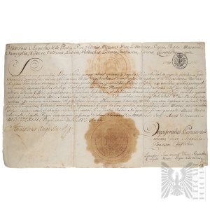 Stanisław August Poniatowski - przywilej dla Franciszka Czarnego Zawiszy herbu Przerowa na urząd stolnika parnawskiego, - dokument królewski z autografem monarchy, Warszawa, 28 czerwca 1781 roku, oblatowany w 1797 roku.