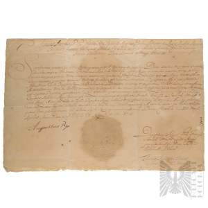 August II Mocny (1670-1733) - Przywilej Nominacyjny dla Franciszka Szembeka herbu własnego na Urząd Stolnika Nadwornego po awansie Adama Piotra Tarły na Wojewodę Lubelskiego, Kraków, 13 kwietnia 1706 roku
