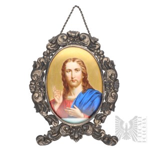 [SILVER] 19th century - Christ Painted on Porcelain in a Silver Setting, Religion, Christ, Devotional Items
