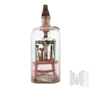 [NAIVE ART/INFLANTY] - Poland/Courland - 18th/19th century - Scene of the Crucifixion in a Bottle (The Passion of Christ, Golgotha, Folk Art, Wood, Devotional Objects, Religious Art, Monastic Art (?), Lielvārde)