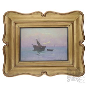 Antoni Suchanek (1901, Rzeszów – 1982, Gdynia) - Poland - 20th century - “Seascape,” oil on panel (Marine art, Ship, Sailboat, Sea, 20th-century Polish marine painting, DESA SEAL)
