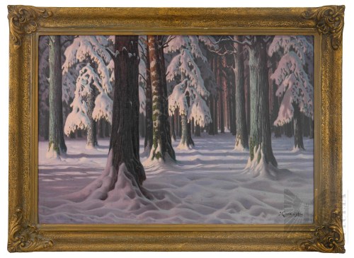 Jan Grubiński (1874-1945) - Pejzaż Zimowy, Olej na Płótnie, ZIMA, TOWARZYSTWO ZACHĘTY, PEJZAŻ
