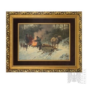 Zygmunt Kaczówka (1915–1996) — After the Elk Hunt, Oil on Canvas (Realism, Hunting)