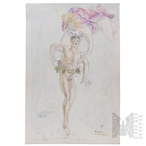 [EROTYK] Maja (Maria) Berezowska (Baranowicze 1898 - 1978 Warszawa) - XX wiek - „Bachus & Ariadna”, Ołówek & Akwarela na Papierze (Mitologia, Akt, Erotyka, Dionizos) - Kolekcja Andrzej Czernik Herbu Orwał/Orwat.