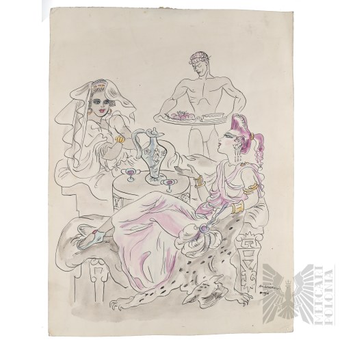 Maja (Maria) Berezowska (Baranowicze 1898 - 1978 Warszawa) - „Uczta”, Akwarela & Tusz na Papierze (Akt, Starożytność, Antyk) - Kolekcja Andrzej Czernik Herbu Orwał/Orwat.