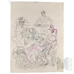 Maja (Maria) Berezowska (Baranovichi, 1898 – 1978, Warsaw) – “The Feast,” Watercolor &amp; Ink on Paper (Nude, Antiquity, Classical Antiquity) - Collection of Andrzej Czernik of the Orwał/Orwat Coat of Arms.